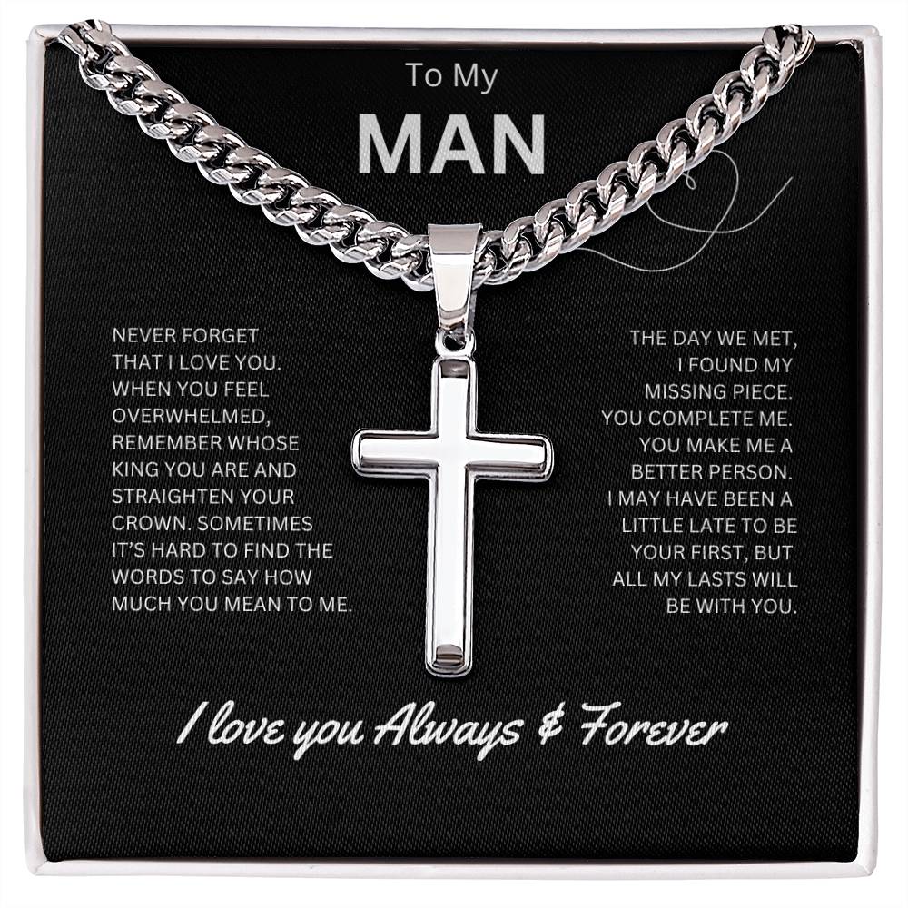 To My Man - Personalized Artisan Cross Necklace (Never Forget)